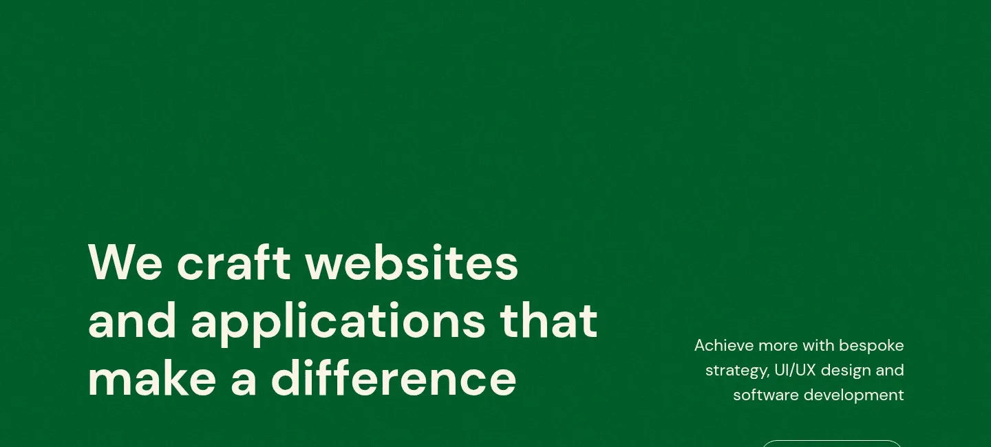 The Craft Applied homepage, with cream typography on a deep green background describing its website and application work.