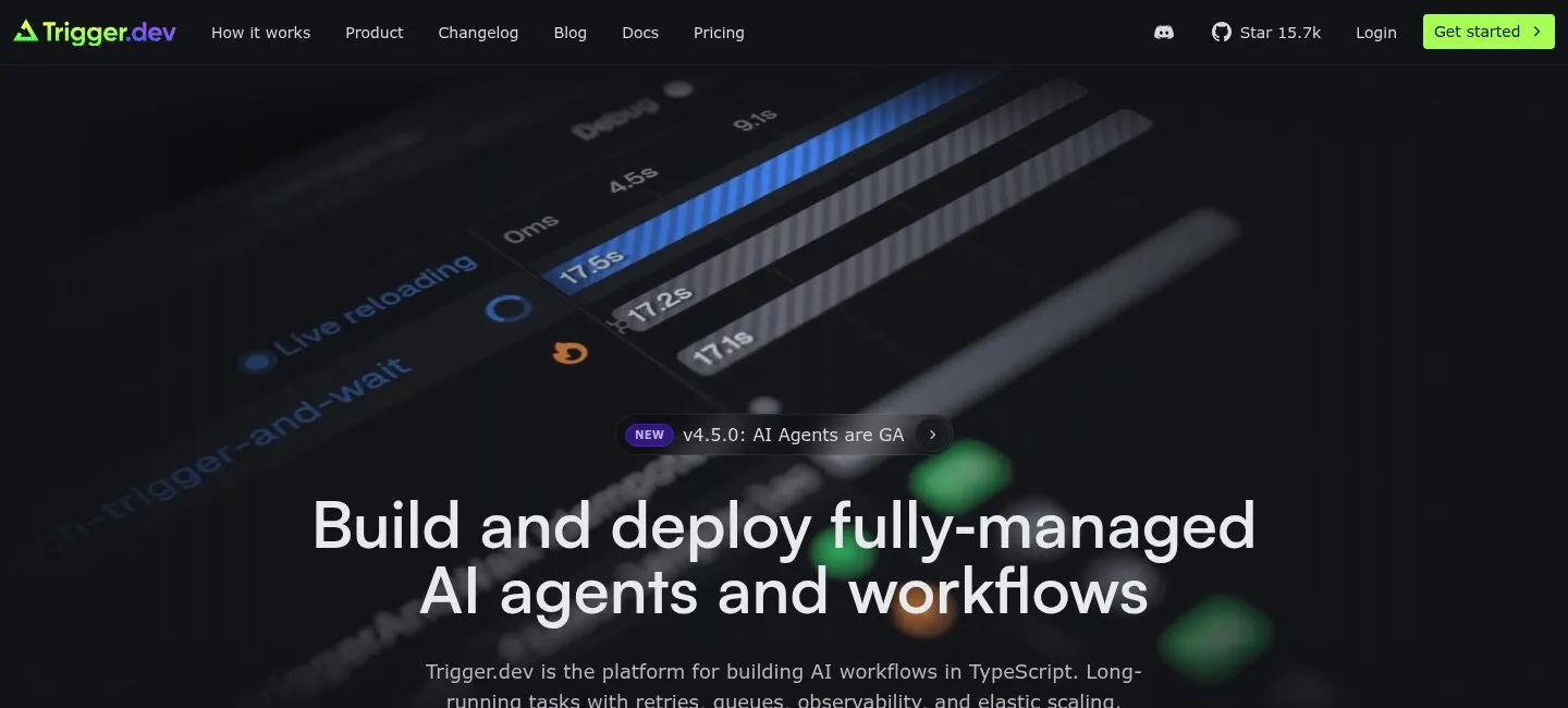 The Trigger.dev homepage with its AI agents and workflows message over a dark product interface.